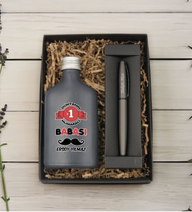 BK Gift Kişiye Özel İsimli Baba Temalı Antrasit Tasarım Cam Şişede Kolonya 200 ml ve Metal Roller Kalem ve Hediye Kutusu-6, Babaya Hediye, Babalar Günü Hediyeleri, Hediyelik Baskılı Kolonya