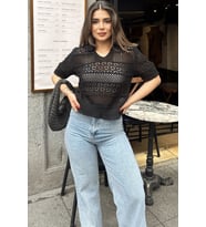 Kadın Siyah Ajurlu Merserize Triko Örme, Terletmez, Salaş Kalıp, Polo Yaka Bluz