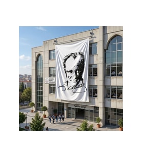 Siyah - Beyaz Mustafa Kemal Atatürk Silüeti ve İmza Poster Bayrak Raşel Kumaş 6x9 metre ATA28