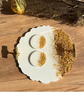 Altın Varaklı Dalgalı Iki Kişilik Söz Nişan Damat Epoksi Sunum Tepsisi Ve Yüzük Yükseltici Seti (Altın-Beyaz)