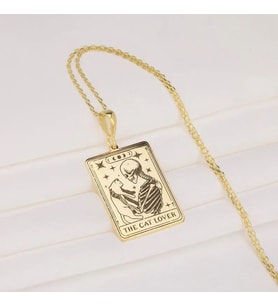 Kişiye Özel 925 Ayar Gümüş The Cat Lover Tarot Kart Kolye (Gold)