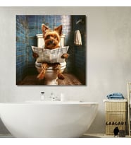 Tekli Kare Kanvas Banyo Tablosu Gazete Okuyan Yorkshire Köpek