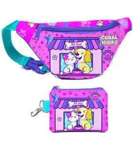 Coral High Kız Çocuk Kedi Köpek Desenli Bel Çantası ve Bozuk Para Cüzdanı Set