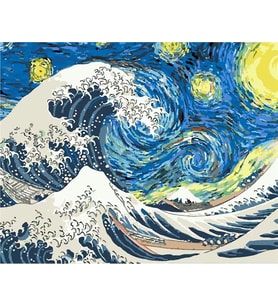 Kanagawa Dalgası Ve Yıldızlı Geceler  Sayılarla Boyama Seti 40x50 cm  (Tuvale Gerili)