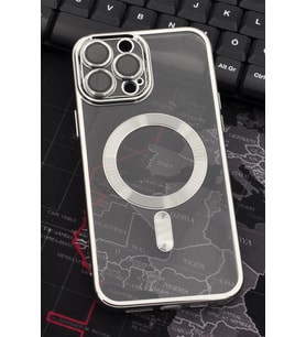 iPhone 13 Pro Max Uyumlu MagSafe Özellikli Gümüş Gri Silver Renkli Kenarlı Lazerli Şeffaf Kılıf Lens Korumalı (Renksiz)