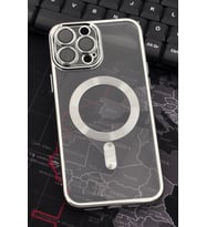 iPhone 13 Pro Max Uyumlu MagSafe Özellikli Gümüş Gri Silver Renkli Kenarlı Lazerli Şeffaf Kılıf Lens Korumalı (Renksiz)