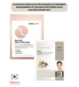 3 Katmanlı Rose Gold Göz Maskesi ve Arındırıcı, Nemlendirici Ve Ton Eşitleyici Pirinç Özlü Kolajen Maske Seti