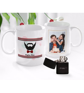 BK Gift Kişiye Özel Babalar Günü Hediyesi Fotoğraflı Kupa Bardak ve Benzinli Çakmak Seti-80 (Model 1)