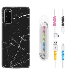 Samsung A02S A03S A10 A12 A13 A21S A22 Kılıf Kablo Koruma Spiral Silikon Siyah Mermer 1299