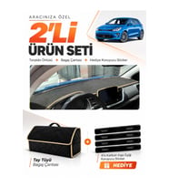 KİA RİO (2019-2024) Uyumlu Torpido Örtüsü + Tay Tüyü Bagaj Çantası + Sticker Seti - Siyah Bej