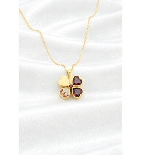 925 Ayar Gümüş Rodyum Garnet Taşlı Ters Yonca Kolye