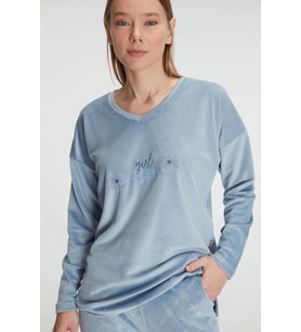Kadın Mavi Uzun Kollu Yazı Detaylı Polarlı Pijama Takımı (Renksiz)