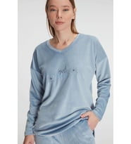 Kadın Mavi Uzun Kollu Yazı Detaylı Polarlı Pijama Takımı (Renksiz)