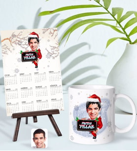 BK Gift Kişiye Özel Erkek Yılbaşı Karikatürlü Kupa Bardak ve 13x18cm Fotoğraf Kartlı Şövaleli 2024 Takvim Hediye Seti