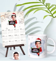 BK Gift Kişiye Özel Erkek Yılbaşı Karikatürlü Kupa Bardak ve 13x18cm Fotoğraf Kartlı Şövaleli 2024 Takvim Hediye Seti