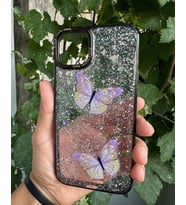 Apple iPhone 15 Plus Uyumlu Taşlı Simli Kelebekli Kılıf (Siyah)