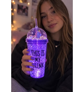 My Drink Temalı Led Işıklı Pipetli Suluk Buz Görünümlü 450 ML Çift Katman Mika Su Şişesi 2642 Mor