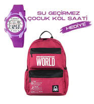 Çocuk Kol Saati Hediyeli Benetton Büyük Kapasiteli Çocuk Okul Çantası B.NT.03833 (Kırmızı)
