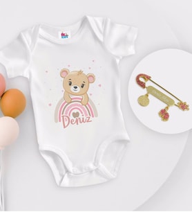 BK Kids Kişiye Özel İsimli Beyaz Bebek Body Zıbın ve Kız Bebek İğnesi Hediye Seti-6