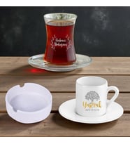 Firma Ve Kurumlara Özel Logo Baskılı Çay Bardağı , Türk Kahvesi Fincanı Ve Küllük Seti