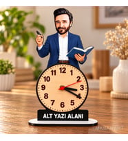 Fotoğraftan Tasarlanan Erkek Öğretmen Karikatürlü 18 cm MDF Dikey Masa Saati - Öğretmen Hediyesi Öğretmenler Günü Hediyesi
