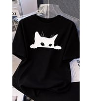 Kadınlar için Siyah Kedi Grafik Tişört - Oversize Kısa Kollu Üst Nefes Alabilir - Siyah