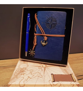 Kişiye Özel Pusula Desenli Lacivert Defter Lacivert Kalem Kutulu