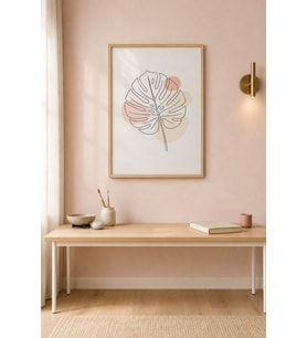 Monstera ve Daireler Pastel Kontur Ahşap Çerçeveli Duvar Tablosu