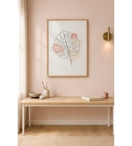 Monstera ve Daireler Pastel Kontur Ahşap Çerçeveli Duvar Tablosu