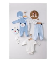 3 Ay Ayıcık Nakış Tulumlu Erkek Bebek 5'li Set Mavi