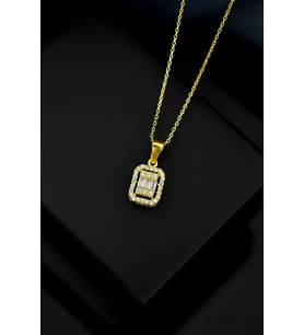 Papatya Silver 925 Ayar Gümüş Zirkon Baget Kare Taşlı Kolye (Gold)