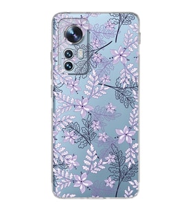 Xiaomi Mi 12 Uyumlu Kamera Korumalı Kapak Floral Lila Tasarımlı Şeffaf Silikon Kılıf