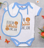 BK Kids Aslan Amcam Tasarımlı Mavi Bebek Body Zıbın ve Mama Önlüğü Hediye Seti-1