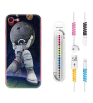 Apple iPhone 5 6 7 8 Plus Se XR Kılıf Kablo Koruma Spiral Silikon Astronot ve Dünya 1759
