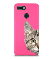 Oppo A5s Uyumlu Lansman Kılıf Catface Tasarımlı İçi Kadife Kapak-Neon Pembe (Şeffaf)