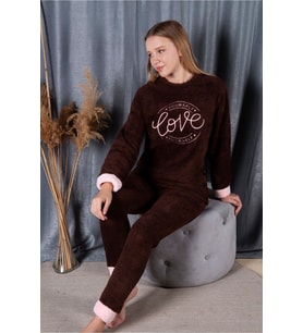 Kadın Kahverengi Love Baskılı Manşetli Tam Peluş Pijama Takımı 30008 Peluş