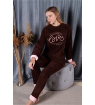 Kadın Kahverengi Love Baskılı Manşetli Tam Peluş Pijama Takımı 30008 Peluş