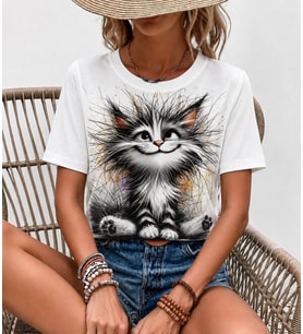 Kadın Kısa Kollu Bisiklet Yaka Kedi Baskılı Süprem Bluz