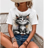 Kadın Kısa Kollu Bisiklet Yaka Kedi Baskılı Süprem Bluz
