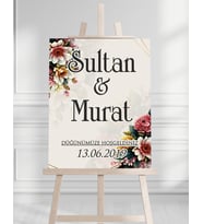 Söz Nişan Düğün İçin 50x70 Karşılama Panosu - Renkli Çiçek Desenli