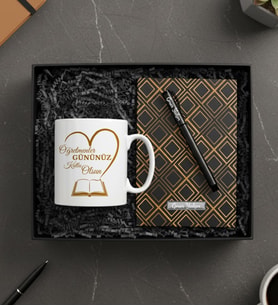 Öğretmenler Gününe Özel İsim Baskılı Hediye Seti (Kupa & Gold Renk Defter & Roller Kalem)