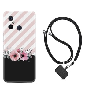Xiaomi Redmi 12C Kılıf Resimli Boyun Askılı İpli Desenli Silikon Strip Pink Flowers 1396