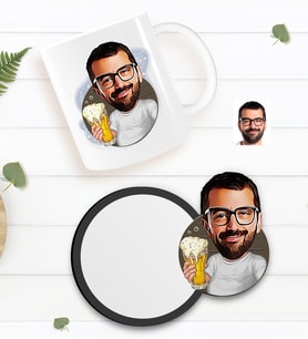 BK Gift Kişiye Özel Erkek Karikatürlü Beyaz Kupa ve Ahşap Bardak Altlığı Hediye Seti-51