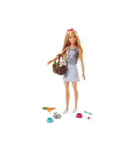 Barbie Bebekler Ve Evcil Hayvanlar, Yavru Köpek, Tavşan Ve Temaya Uygun 7 Parçayla Fpr48