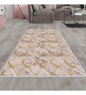 Vizon Gold Baklava Desen Yıkanabilir Kaymaz Taban Leke Tutmaz Modern Salon Halısı ve Yolluk