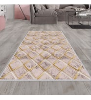 Vizon Gold Baklava Desen Yıkanabilir Kaymaz Taban Leke Tutmaz Modern Salon Halısı ve Yolluk