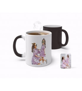 BK Gift Kişiye Özel Tam Boy Anne ve Kız Karikatürlü Sihirli Kupa Bardak-1 (Beyaz)