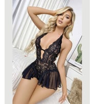 Kadın Siyah Yanları Transparan Volanlı Dantelli Fantezi Bodysuit - 0031