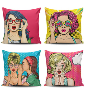 Alkanhomes Pop Art Kızıları 4 lü Kombinli Dijital Baskılı Kırlent Kılıfı