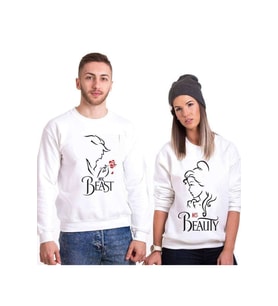 Tshirthane Beast Beauty Gül Sevgili Kombinleri Sweatshirt Kombini (Beyaz)